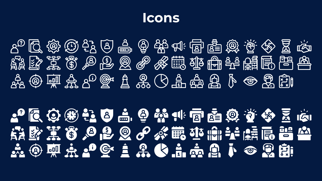 Set of white icons illustrating various business concepts like analysis, finance, teamwork, marketing, and security.