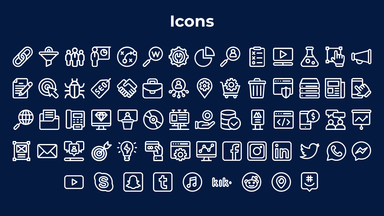 A set of white icons depicting business processes, social media, digital marketing, and online communication tools.