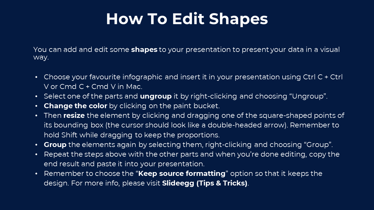 How to guide for editing shapes in PowerPoint, with instructions on modifying infographics and keeping source formatting.