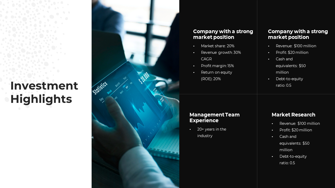 Investment highlights slide showing a person interacting with data on a tablet on a white and black backdrop.