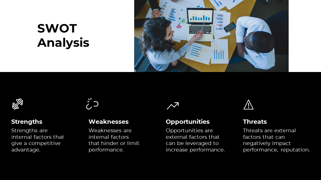 SWOT analysis slide showing a team discussing strengths, weaknesses, opportunities, and threats, with corresponding icons.