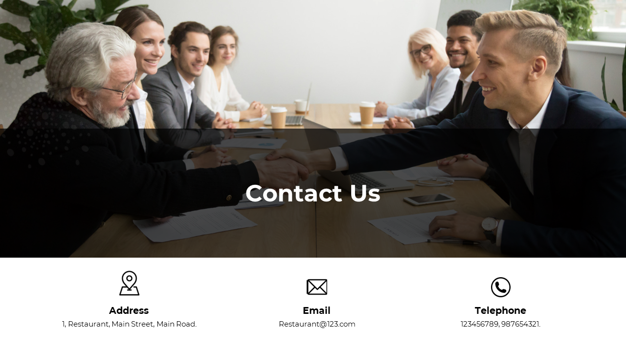 Contact us slide with a handshake between business professionals, featuring address, email, and telephone contact details.