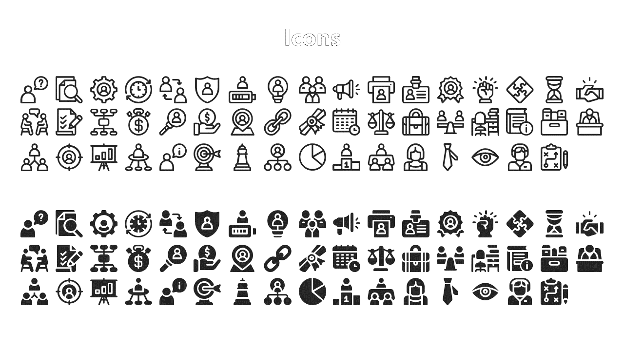 Black icons represent various business concepts such as leadership, analysis, teamwork, strategy, and communication.