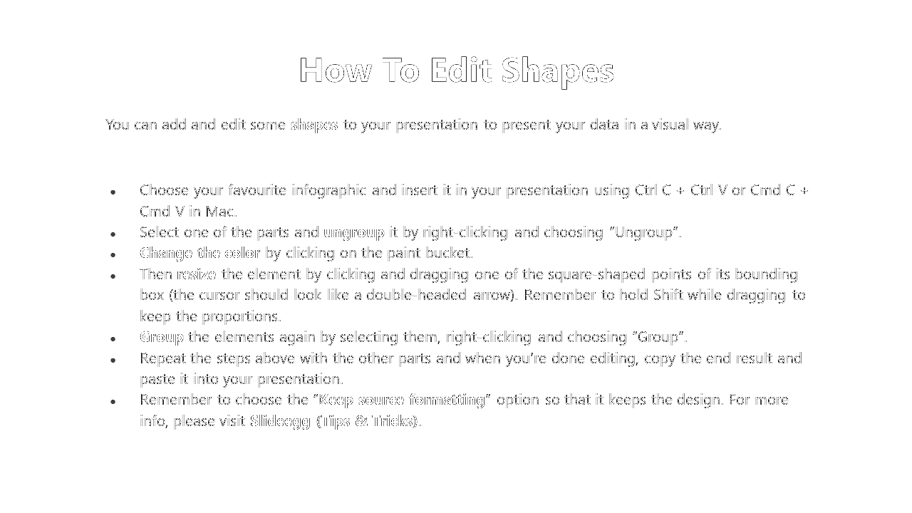 Instructions on how to edit shapes in a PPT presentation including steps to ungroup, resize and change the color of elements.