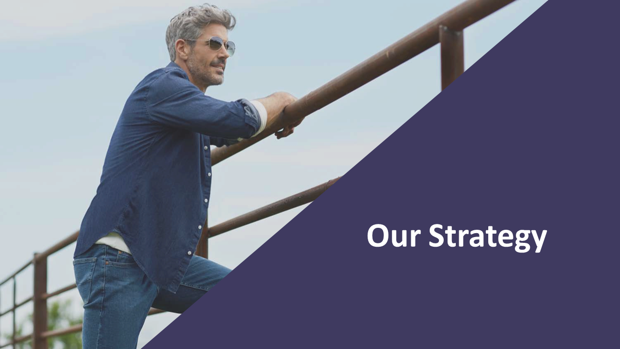 Our Strategy PPT slide in white font against a dark purple background at the bottom.