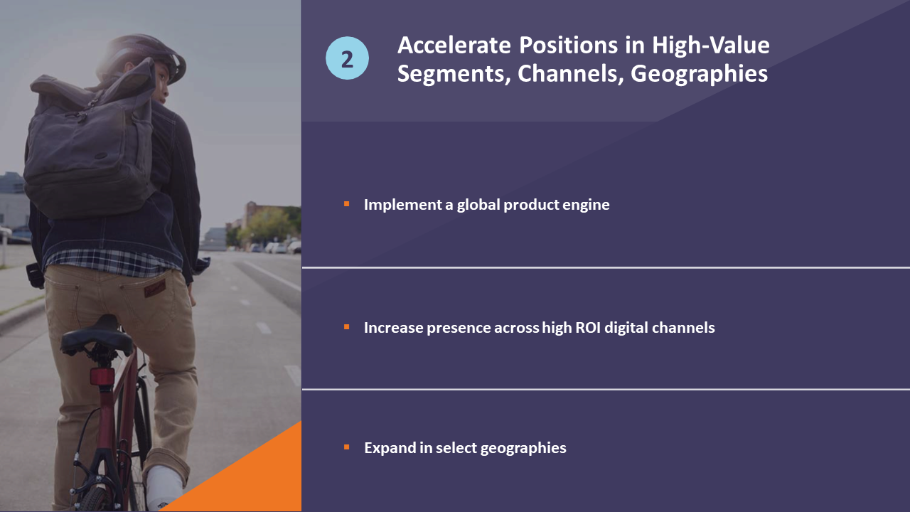 A person riding a bicycle down a city street with a backpack, next to a presentation slide on accelerating positions.