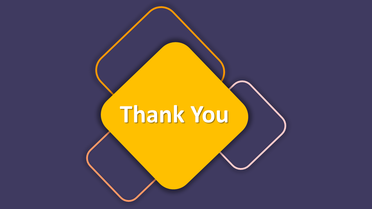 A slide with a yellow diamond shape that says thank you, set against a dark purple background with layered geometric shapes.