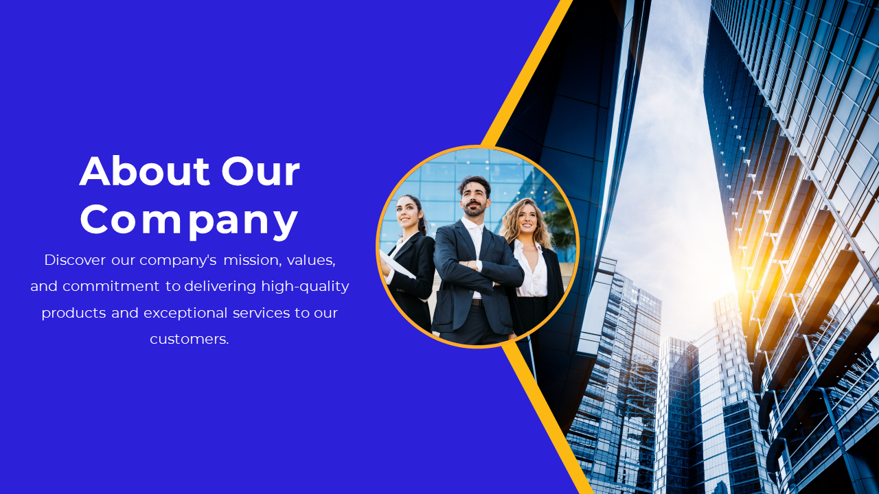 About Our Company slide featuring a photo of a team and a cityscape, with a message about the company's mission and values.