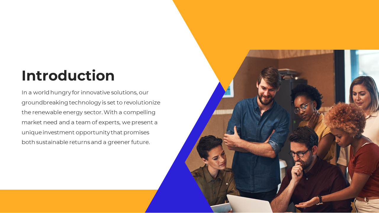 PPT slide with a diverse team working together, highlighting a groundbreaking technology for the renewable energy sector.