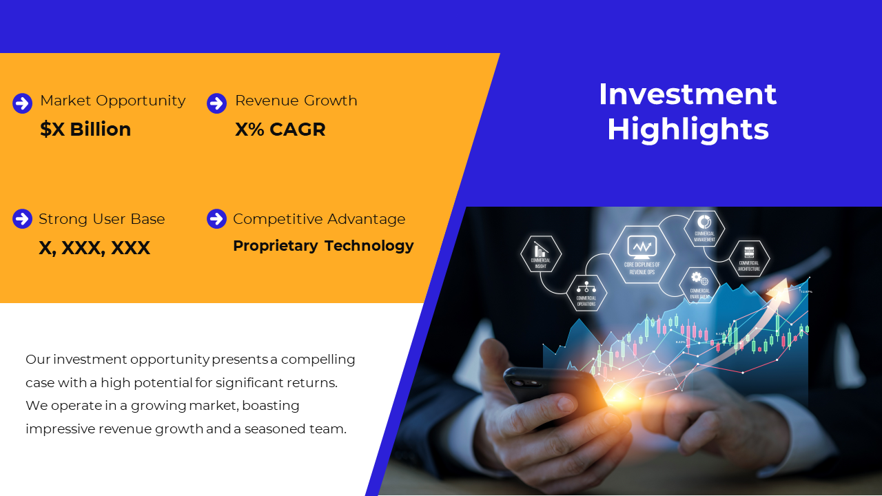Slide highlighting investment metrics, such as market opportunity, revenue growth, and technology, with a financial graph.