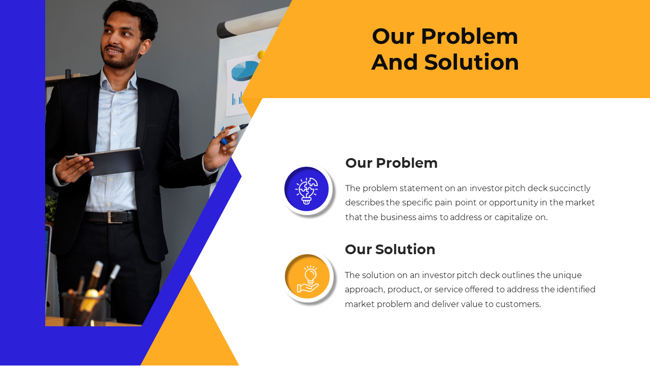 Investor pitch deck slide with sections for the business problem and solution accompanied by a presenter explaining concepts.