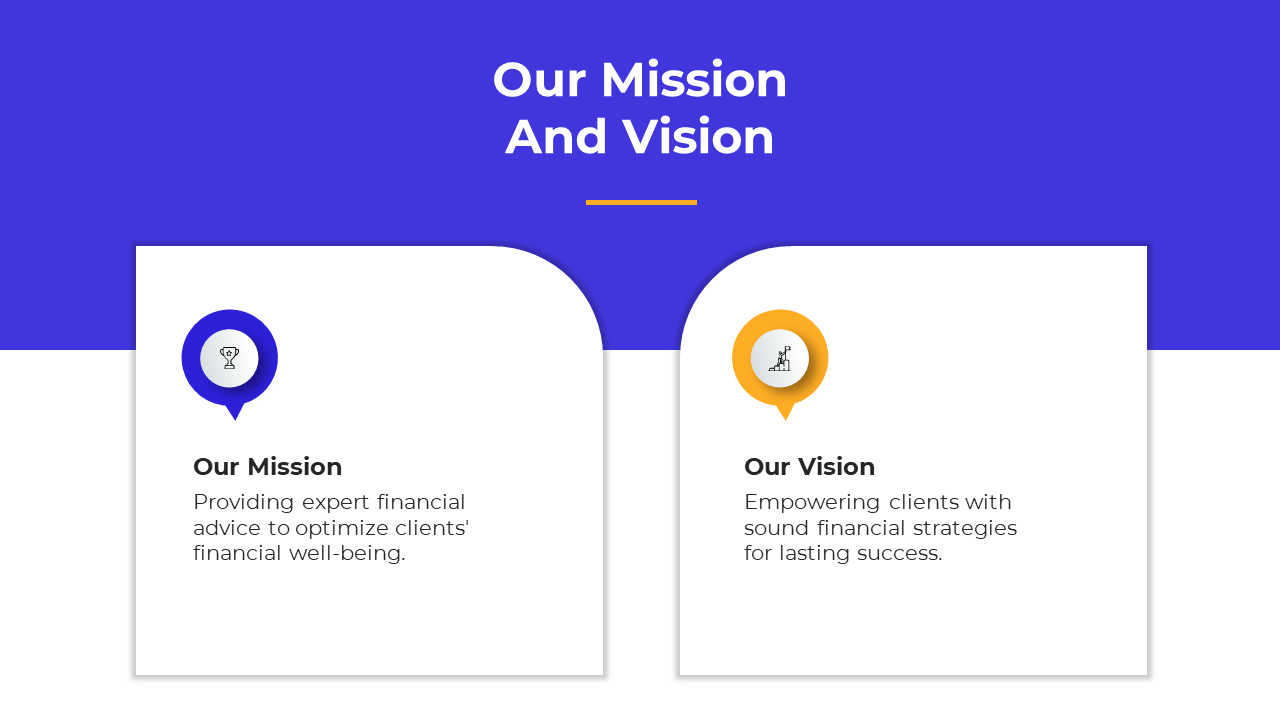 Our Mission and Vision slide with sections of the company, each accompanied by relevant icons on a blue and white theme.