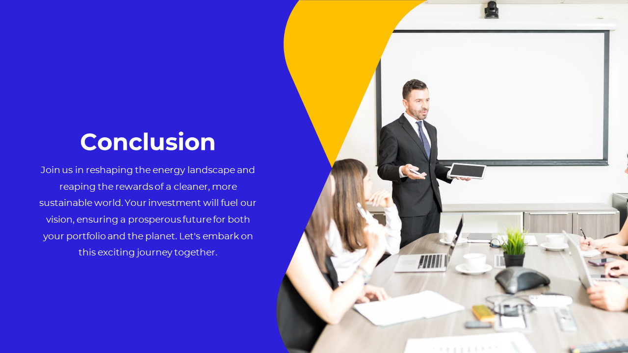 Conclusion slide with a business professional giving a presentation to a group in a meeting room on a blue and yellow theme.