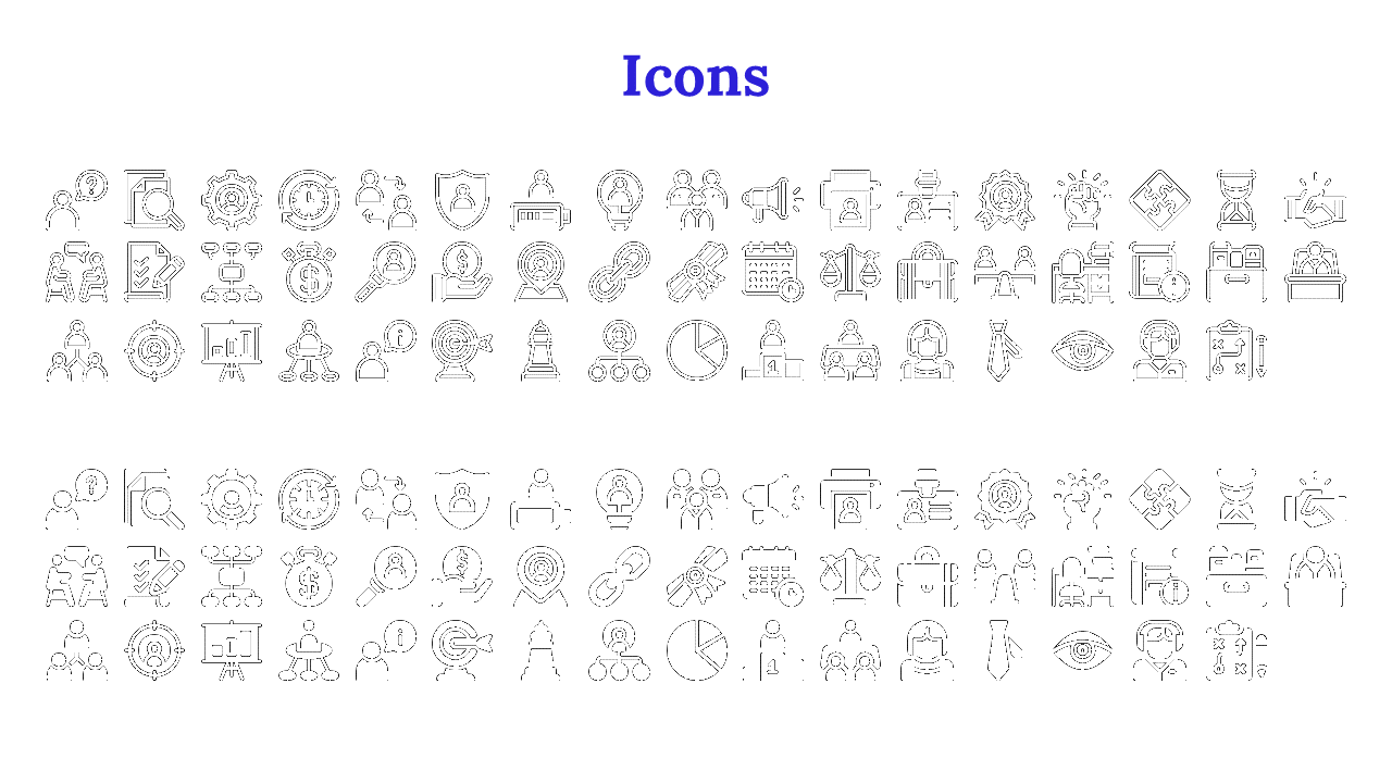 A set of black and white icons showcasing business related elements such as problem solving, teamwork, and legal aspects.