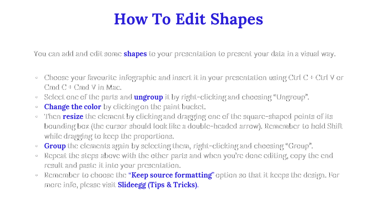 Instructions on how to edit shapes in a PPT presentation, including steps to ungroup, change colors, and group elements.