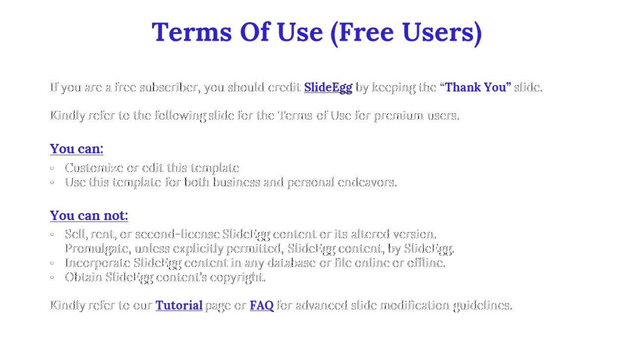 Terms of Use for SlideEgg free users, detailing what is allowed and prohibited with the template on a white backdrop.
