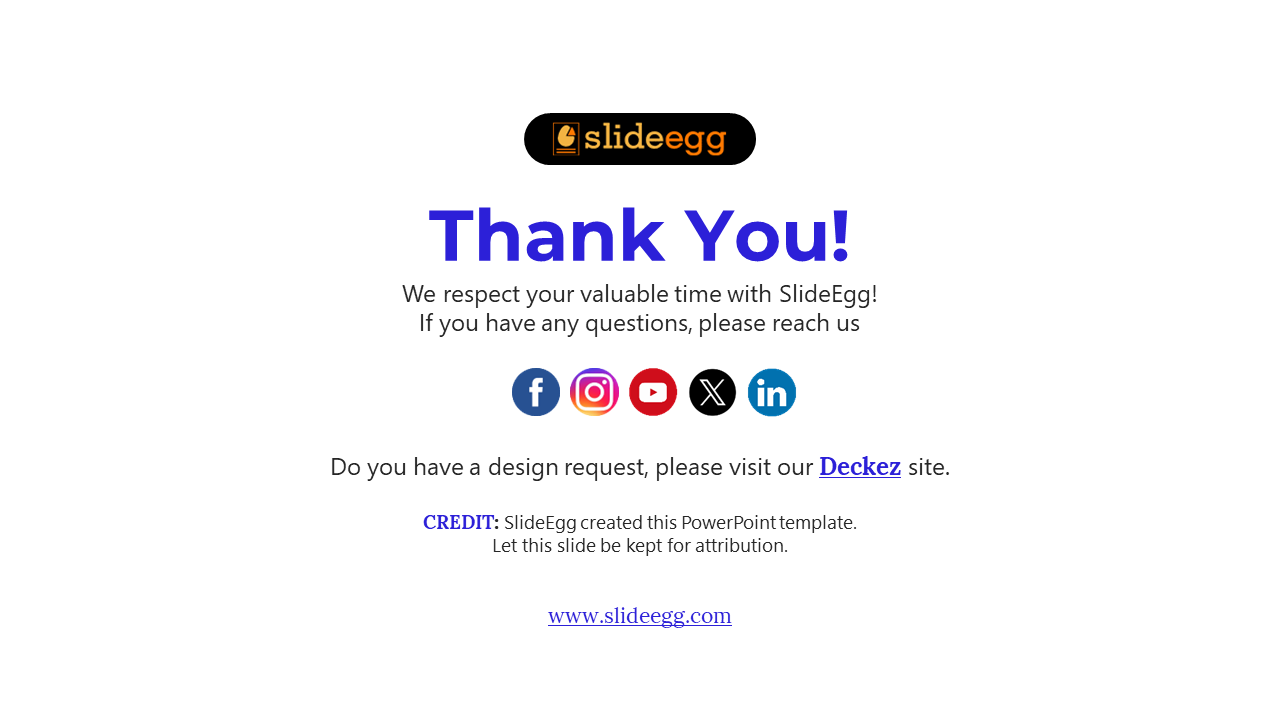 Thank You slide from SlideEgg with social media icons, a design request prompt, and a credit note for the templates creation.