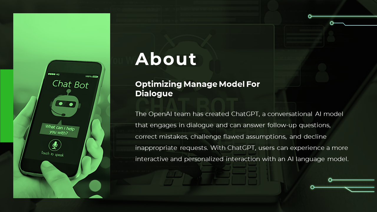 Split layout with green tinted phone on left and black background text area on right describing AI chatbot capabilities.