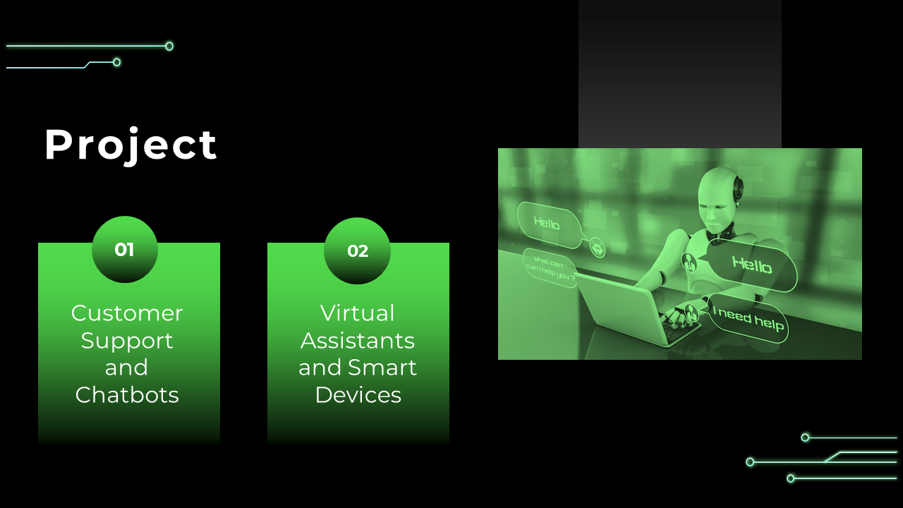 Black slide with green gradient boxes labeled 01 and 02 on left, and robot image with chat bubbles on right.