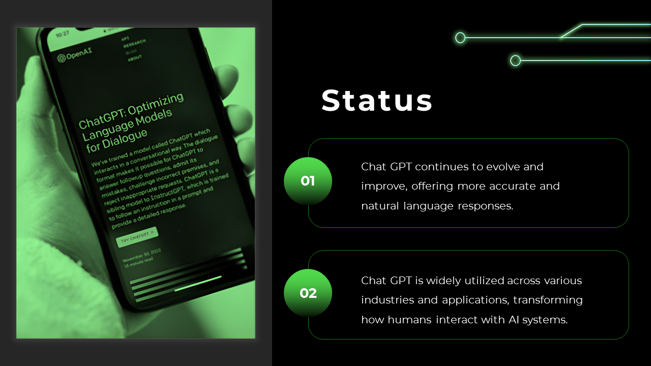 Status slide showing a green tinted phone in hand image, and two numbered sections on the right against a black background.