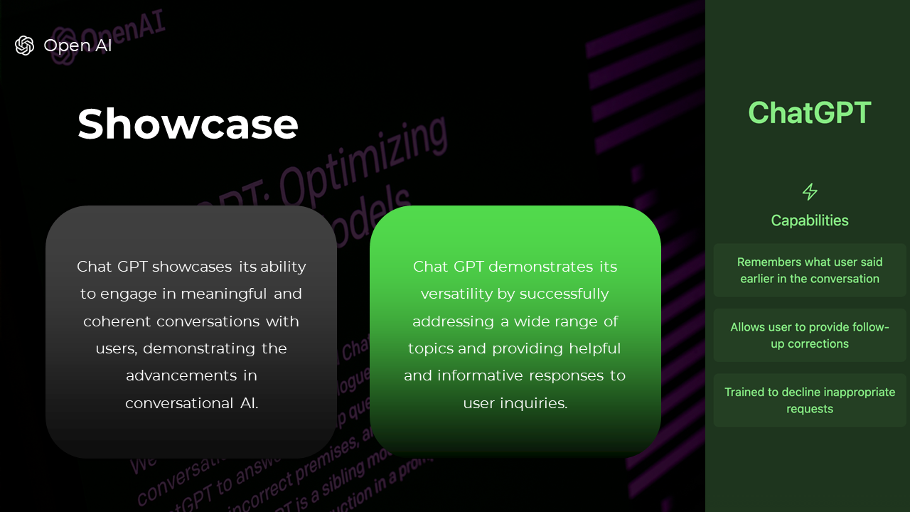 Slide featuring two rounded rectangles over a dark gradient and a vertical green section with labeled capability icons.