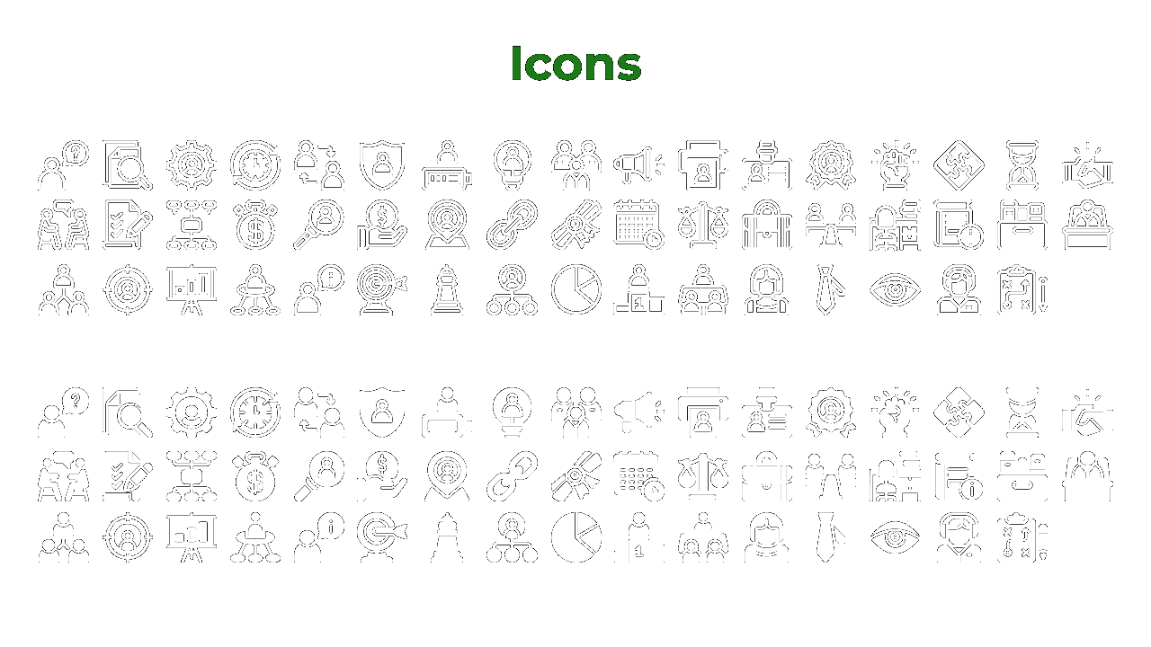 Slide with green header and mixed outline and filled white icons arranged in two horizontal sections, on a black background.