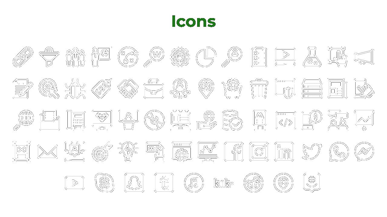 Black background with green title and five rows of white outlined business and social media icons in grid layout.