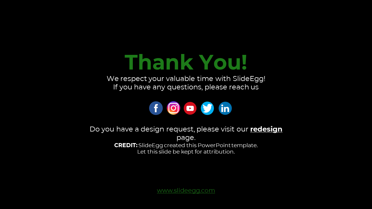 Black background with large green thank you text, social media icons in a row, and white text centered below.