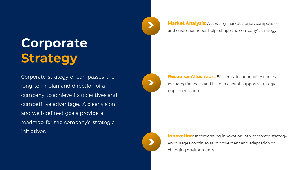 Corporate strategy slide with three points, each with a description and an arrow symbol, on a split blue and white backdrop.