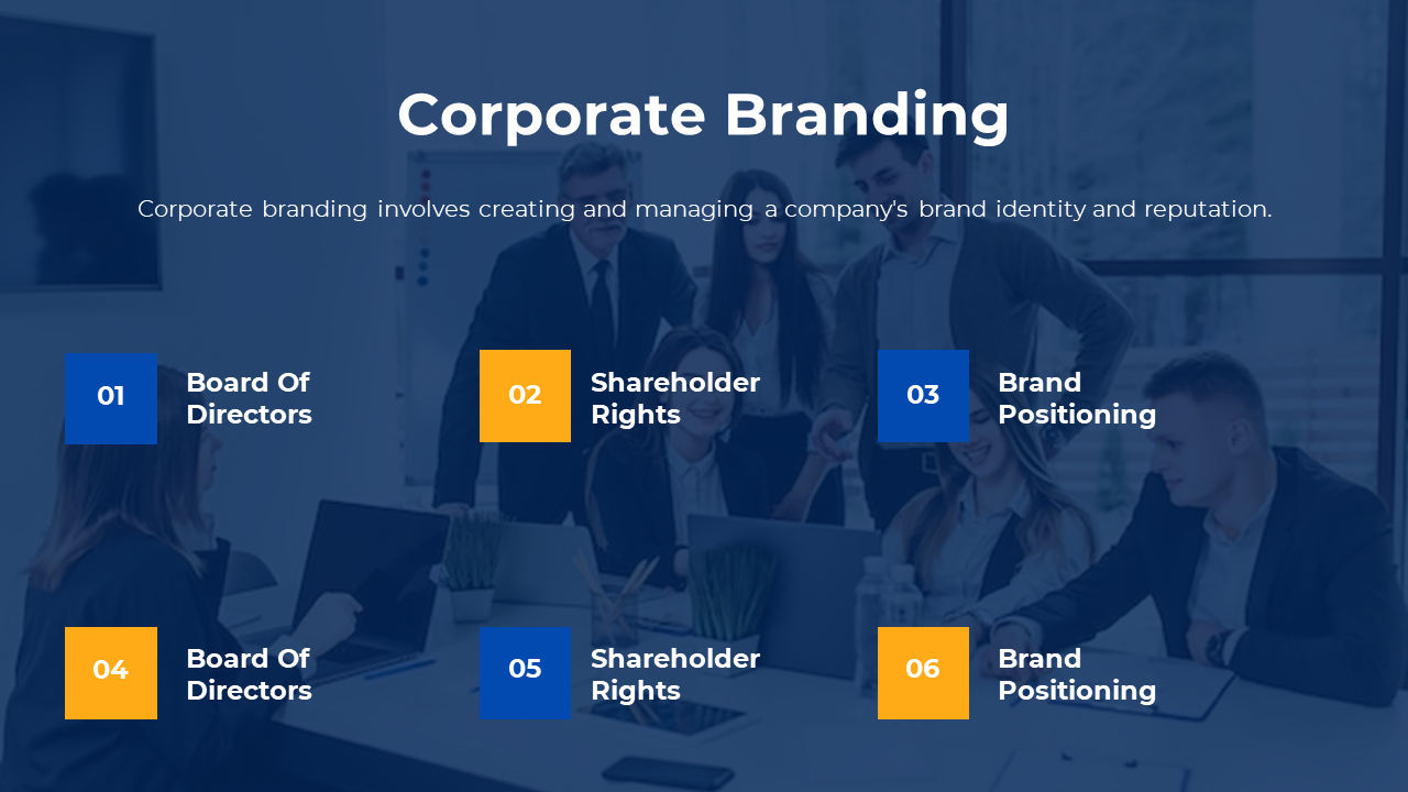 Slide on corporate branding, featuring six numbered boxes in blue and orange, with a business team image in the background.