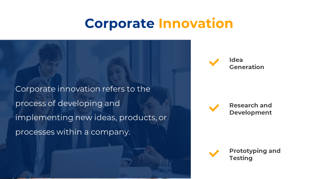 Slide with a blue tinted image of a team discussing ideas, featuring three check marked sections in orange on the right.