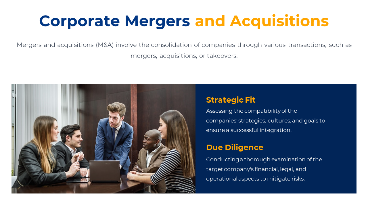 Slide with two text in blue rectangular box and a photo of professionals discussing strategies around a table.