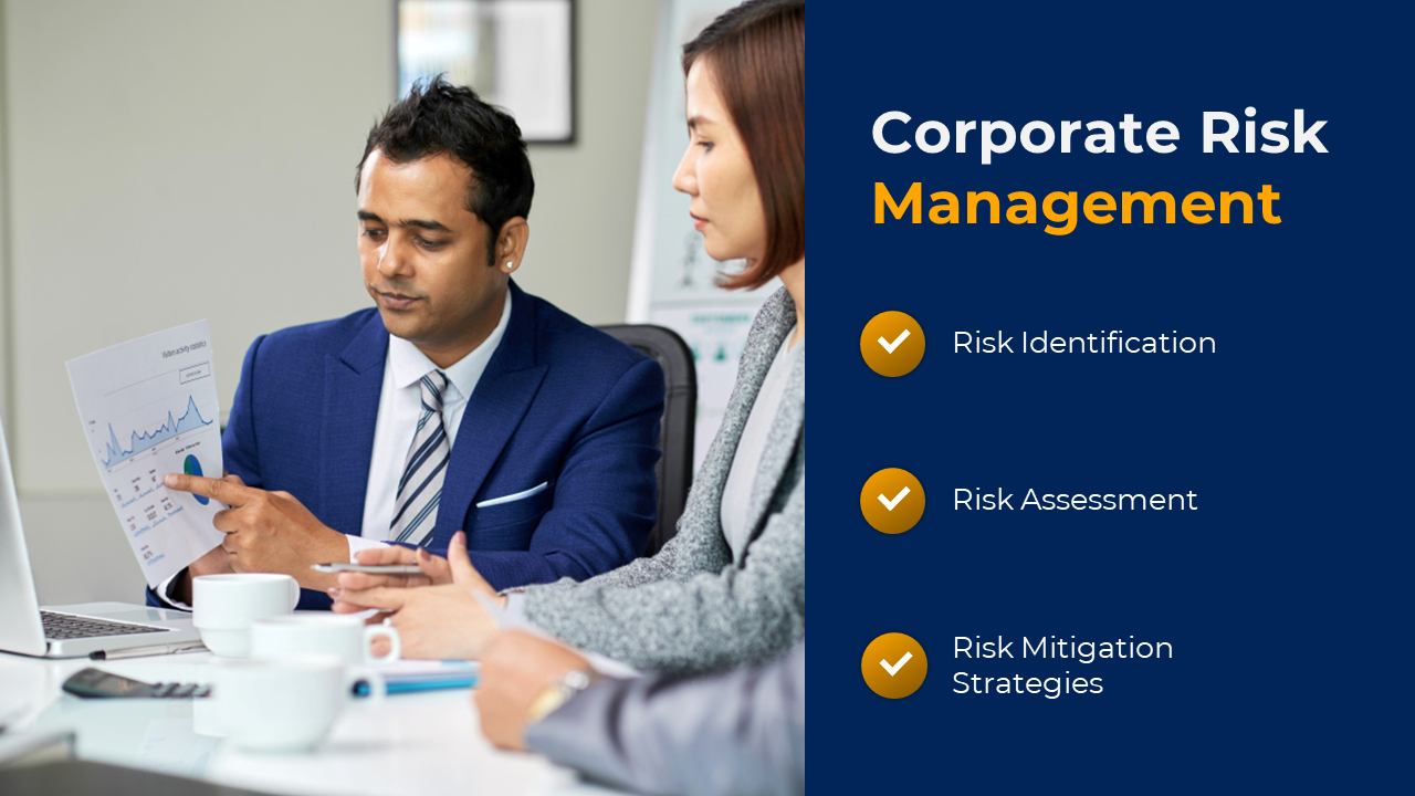 Corporate risk management slide showing a meeting where a person explains graphs, and three checkmarked text on the right.