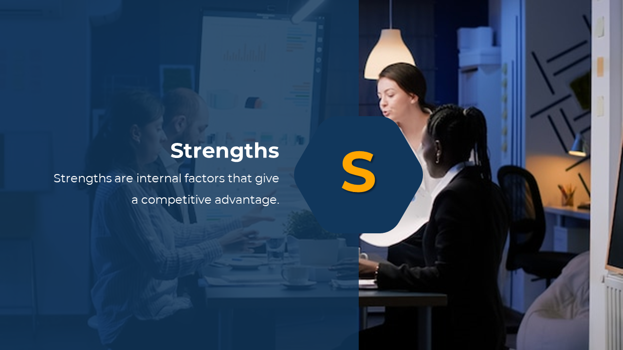 Slide about strengths, with an icon and description, featuring a photo of professionals in a meeting discussing data.