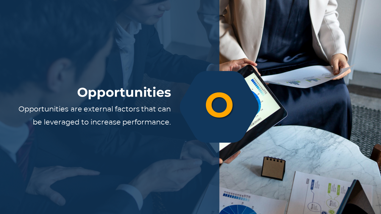 Slide displaying opportunities with a hexagonal icon and a description, paired with a photo of professionals discussing data.