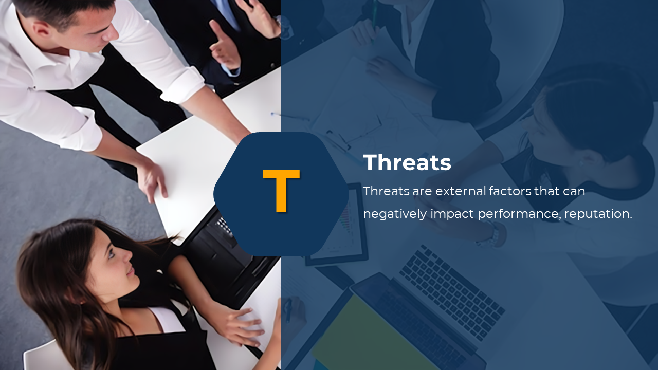 Slide with a hexagonal icon labeled threats, a description, and an image of business professionals in a meeting.