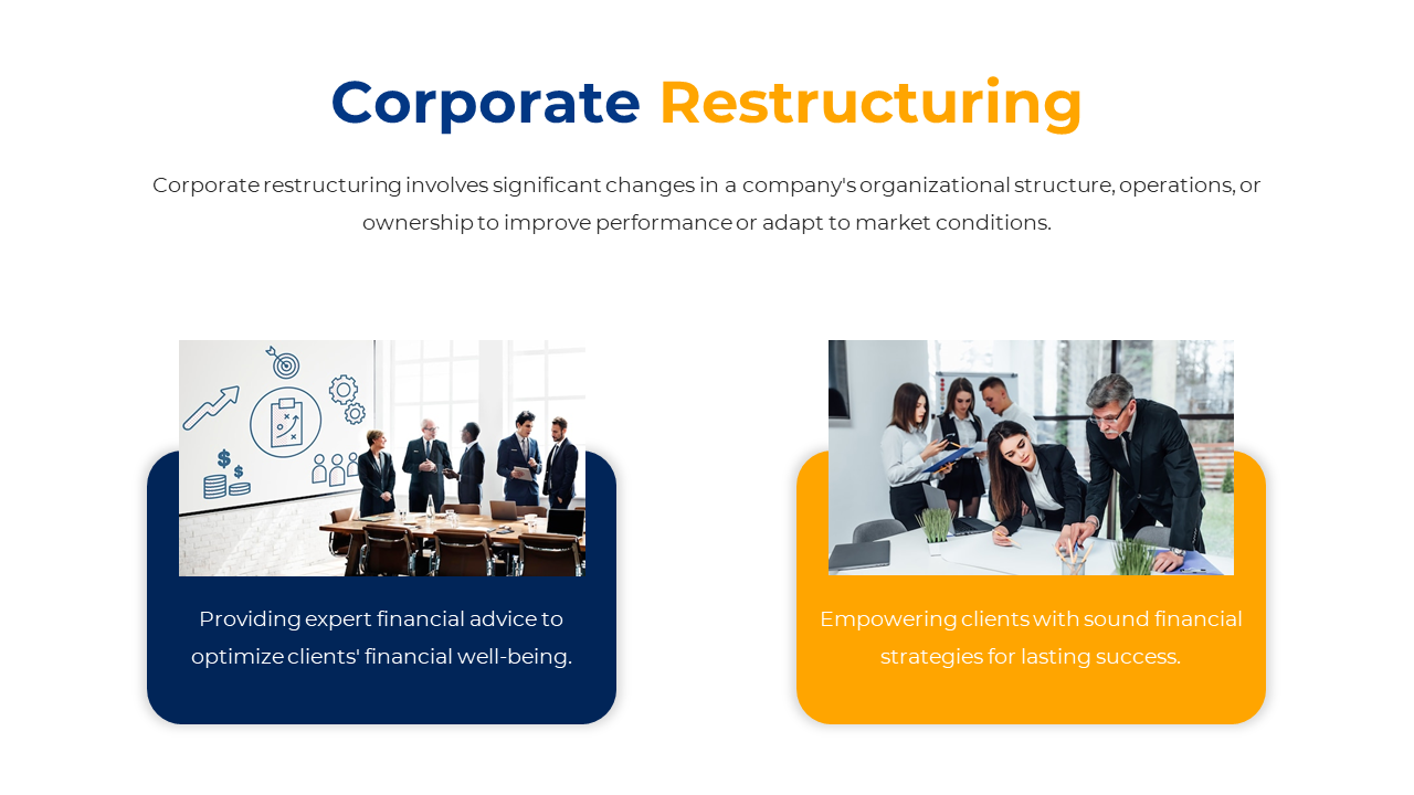 Corporate restructuring slide with two images of a financial meeting and a team discussion with blue and orange text box.