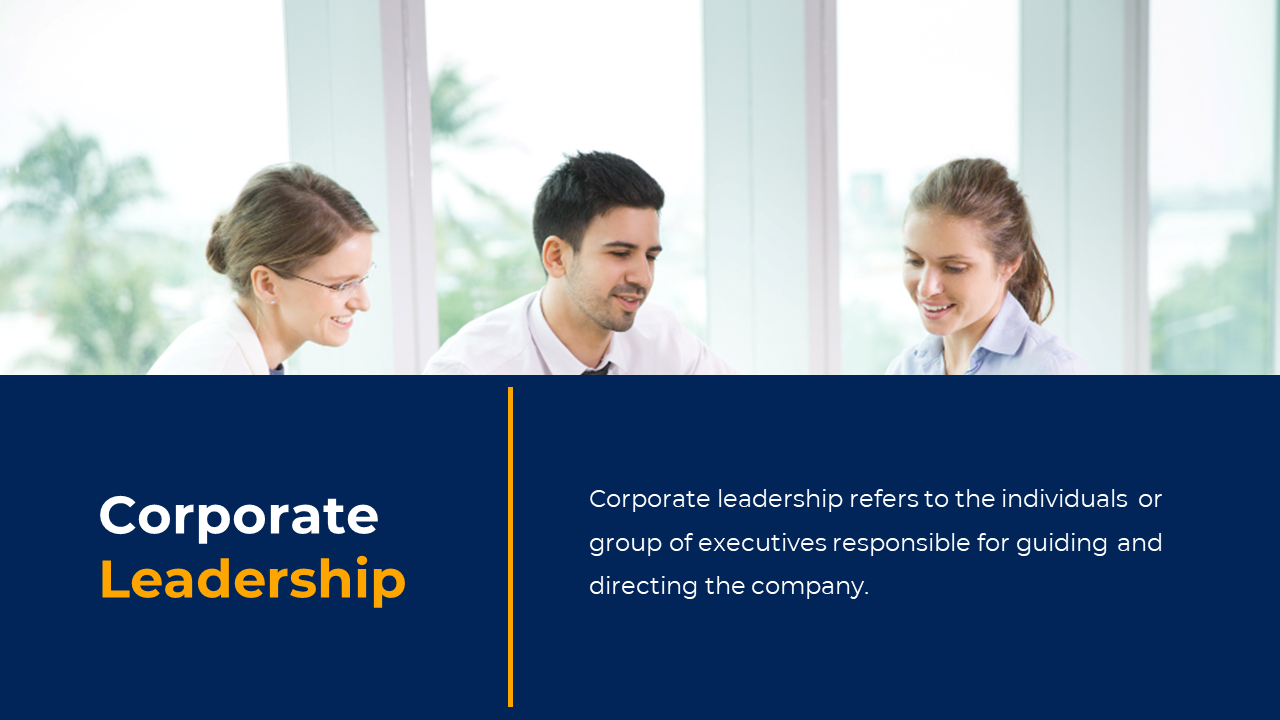 Corporate leadership slide featuring a group of professionals in a meeting with a blue footer area containing text.