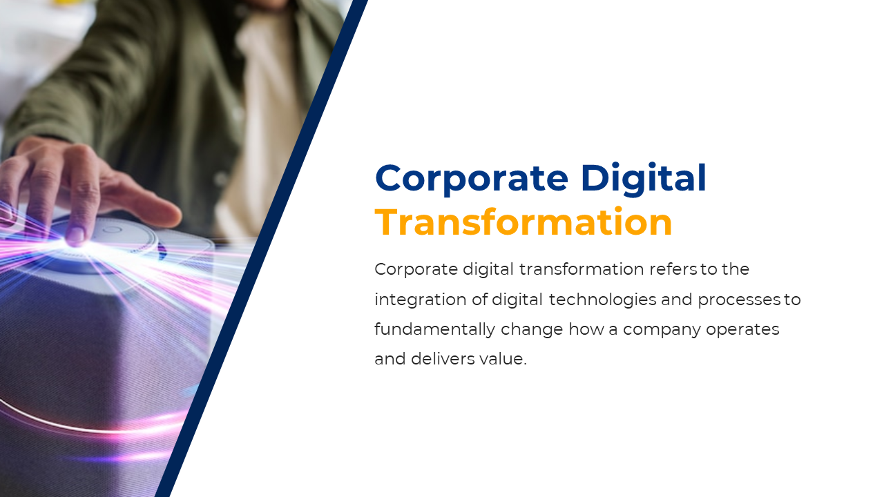 Slide showcasing a hand touching a digital device with light effects, along with a description on the right.
