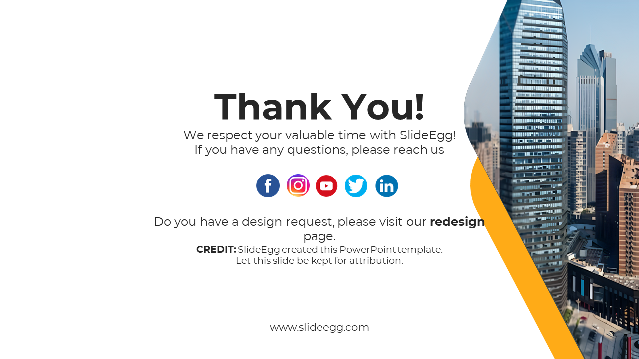 Thank you slide with an urban skyline, orange graphic shapes, and circular icons at the bottom for social media.