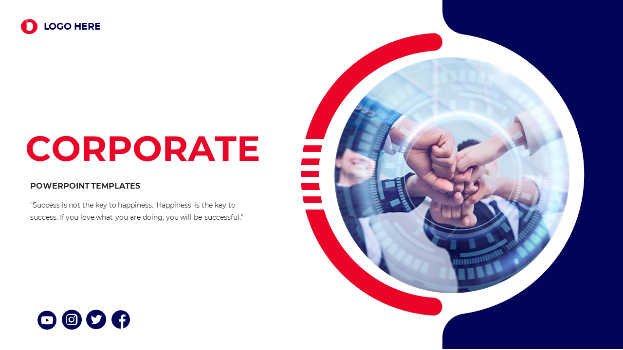 Corporate slide with red and blue circular accents around a photo of hands joining together in collaboration.
