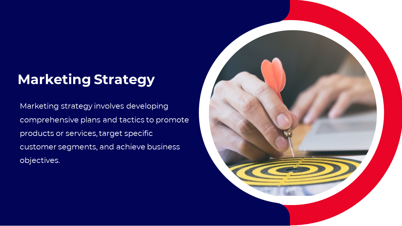 Circular red and blue accents surround an image of a person focusing on a dartboard with a dart aimed at the center.