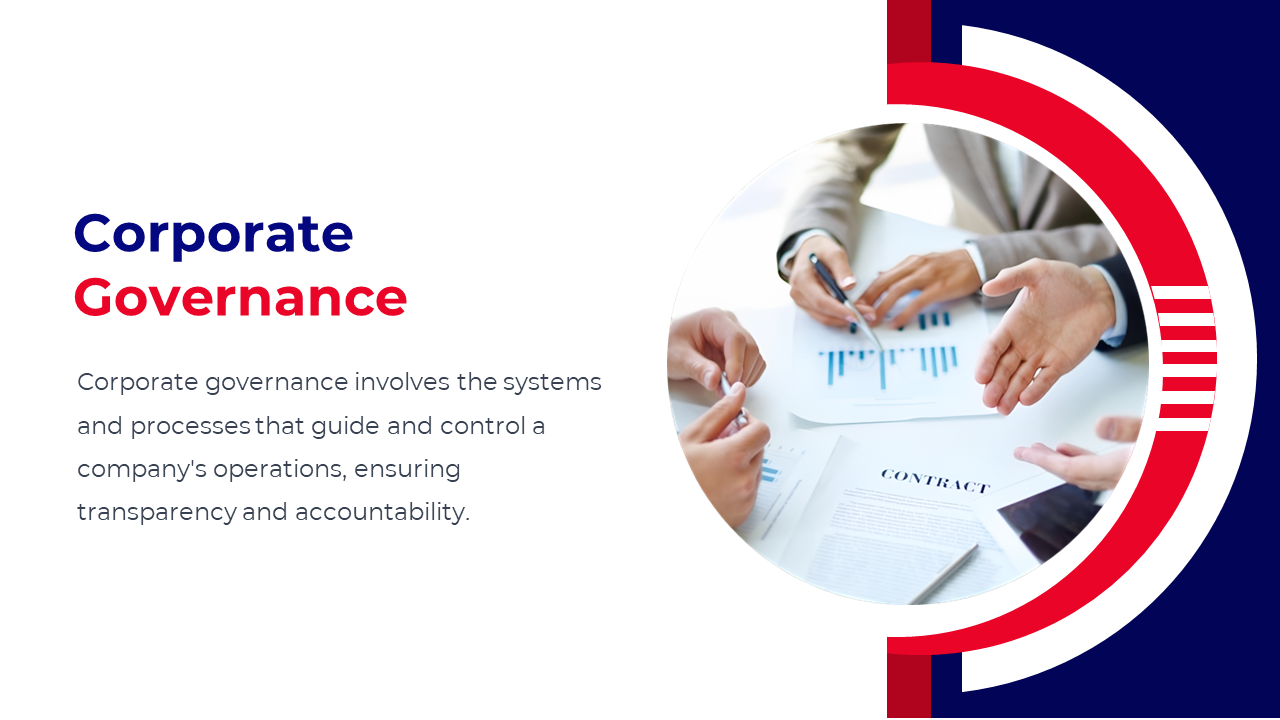 Circular graphic with red and navy accents, showing hands over a document to represent corporate governance.