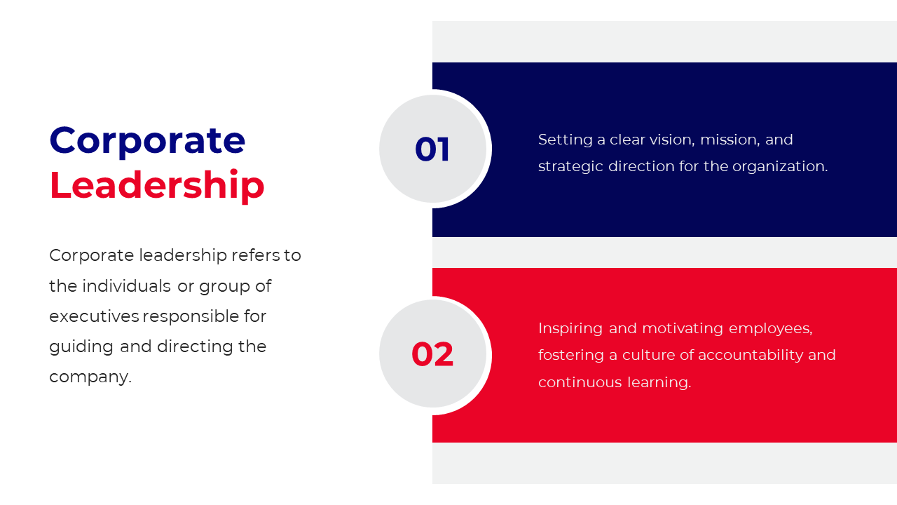 Two horizontal sections in red and blue with circular elements, illustrating corporate leadership concepts.
