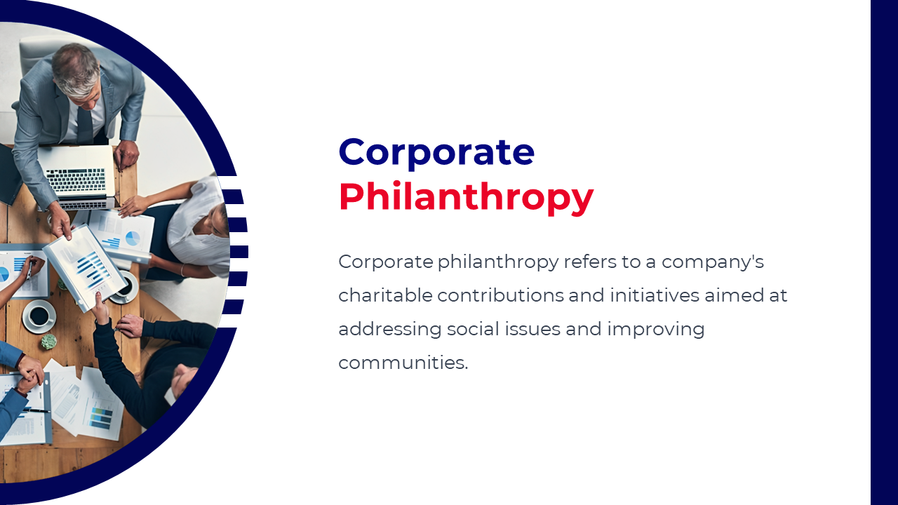Circular layout with a blue border and a photo of a team discussing data, and text highlighting corporate philanthropy.