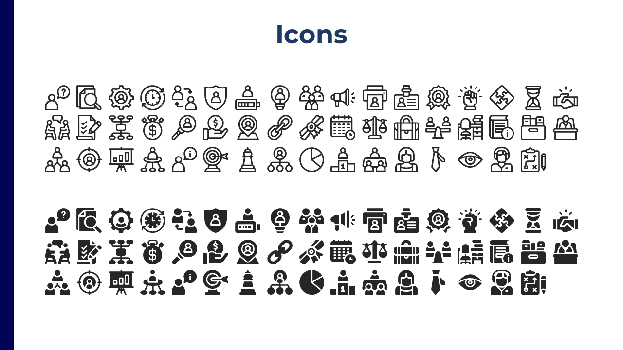 Variety of outlined and filled icons related to business, finance, and teamwork, organized in two rows with a blue header.