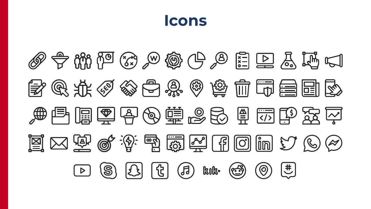 Black and white icons for various social media platforms, business tools, and technology features, framed with a red border.