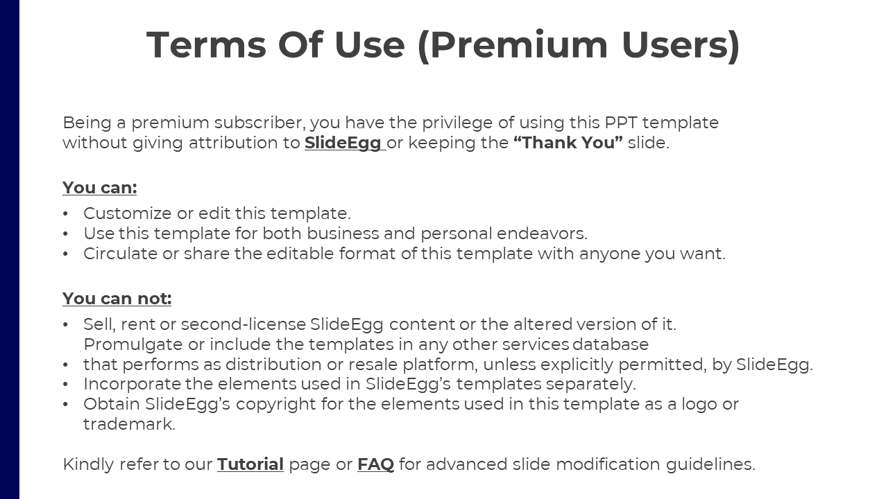 Slide with a navy blue border, explaining the terms of use for premium users, including rights for editing and sharing.