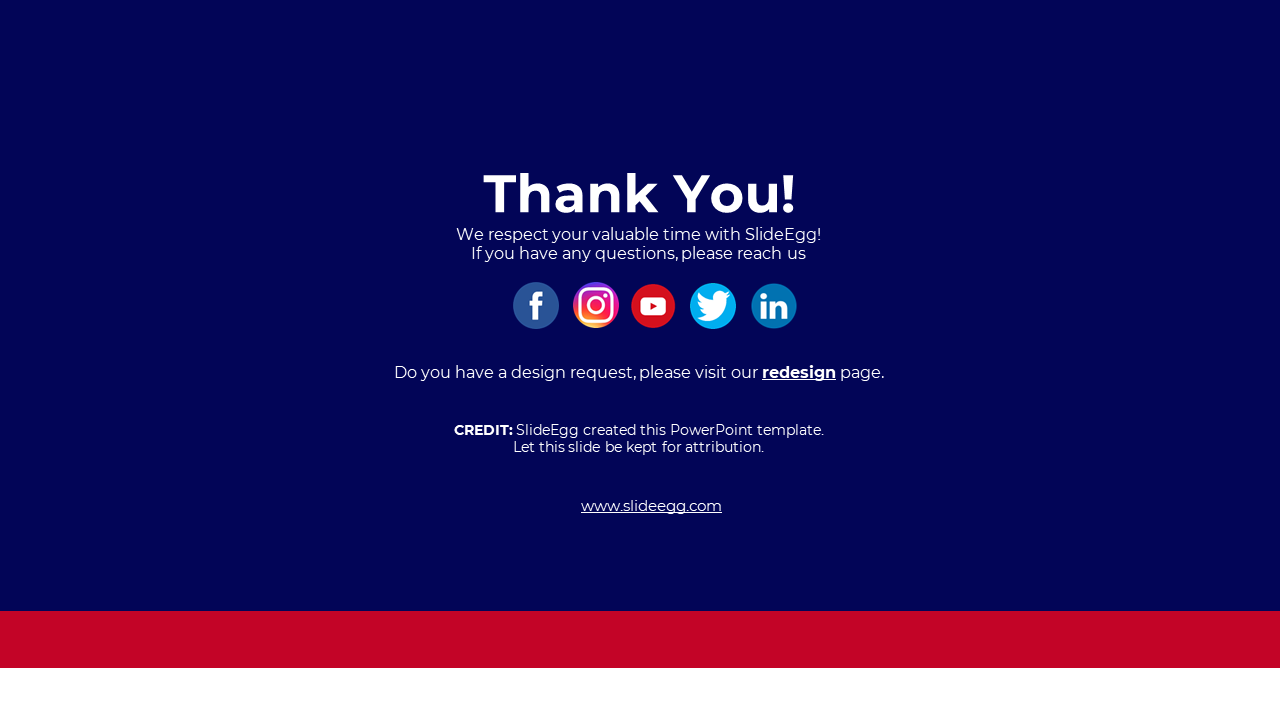 Slide with a navy blue background and red border, featuring social media icons and a footer section with a website link.