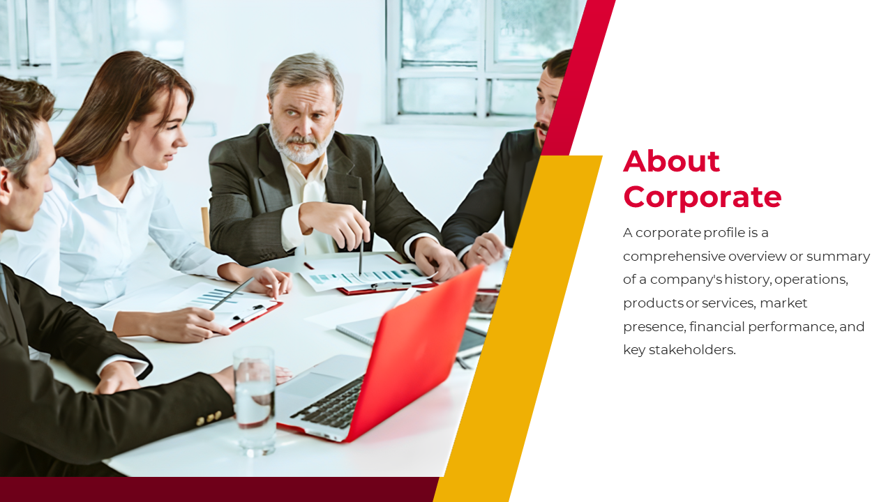 Corporate slide with a red and yellow layout, featuring professionals discussing documents and charts.